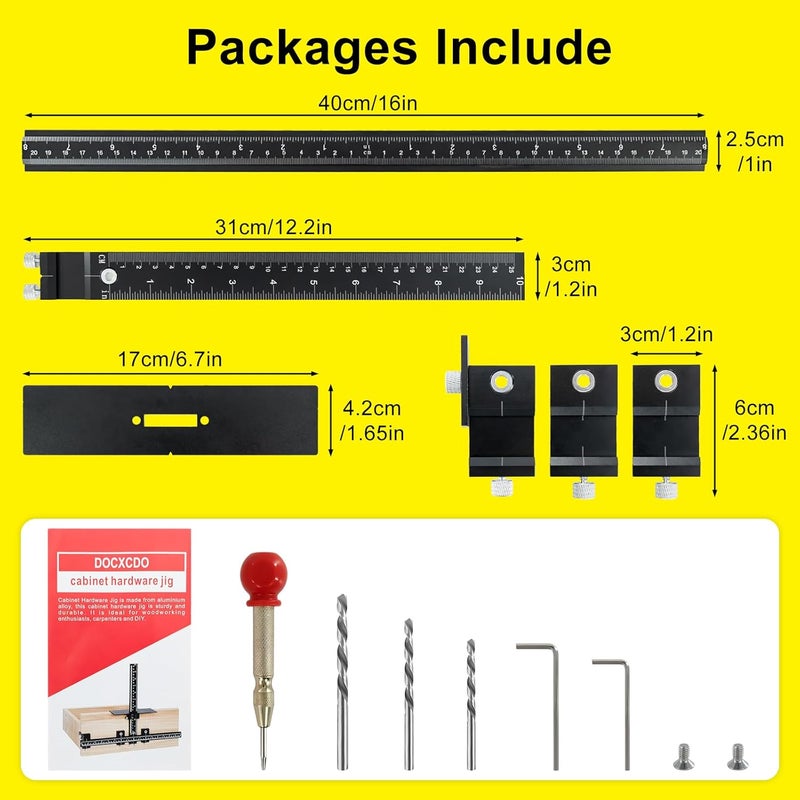 DOCXCDO Aluminum Alloy Cabinet Hardware Jig - Precision Drilling Guide Tool for Cabinet Door/Drawer Handle & Knob Installation with 3 Drill Bits & Auto Punch, Hardware Jig for Woodworkers DIY - Image 2